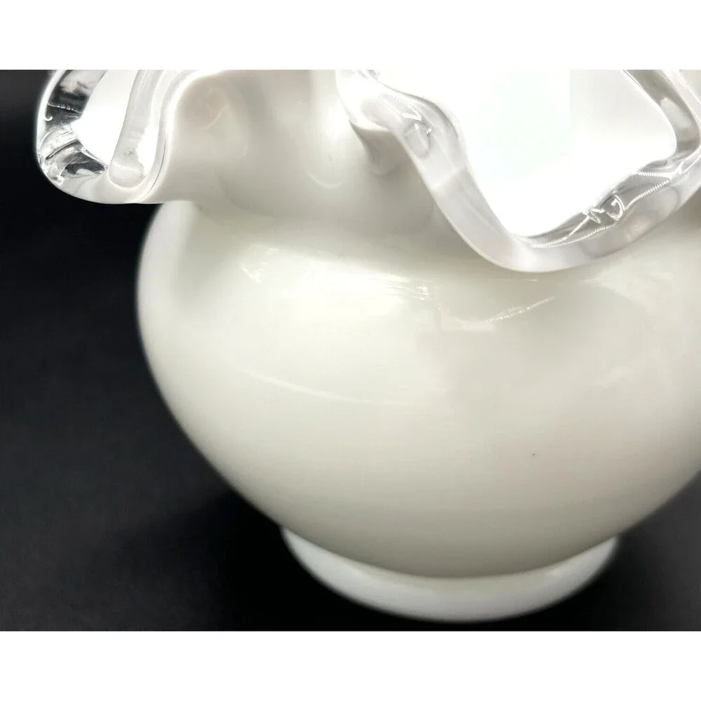Fenton Opaque White Milk Glass Bowl Vase Small‎ Ruffled Silver Crest Clear Edged